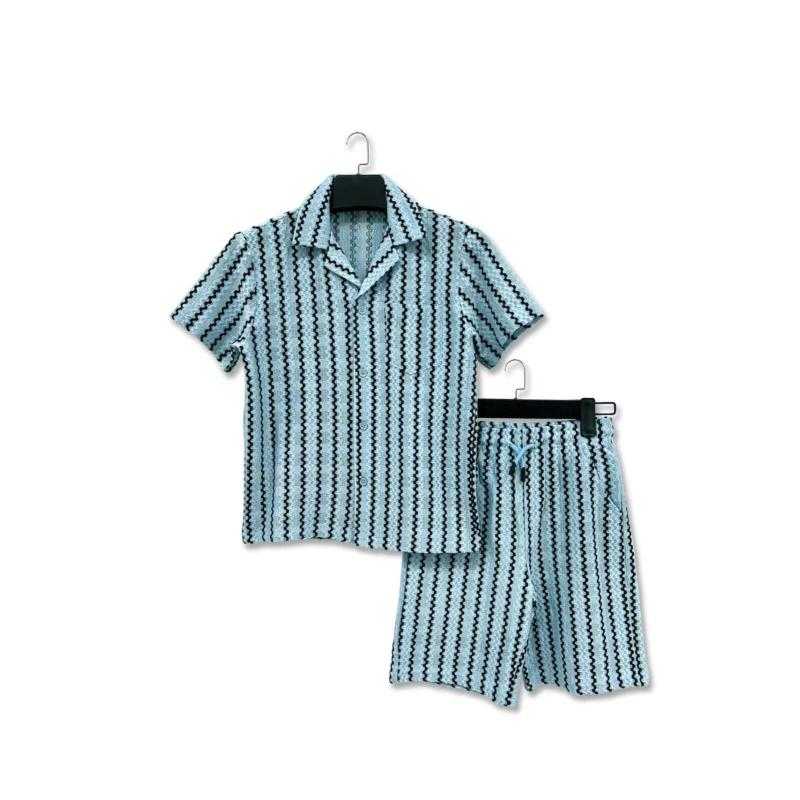Lot de 6 – Ensemble 2 pièces chemise boutonnée texturée ajourée et short assorti à rayures verticales