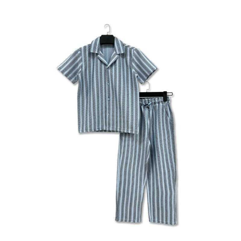 Lot de 6 – Ensemble 2 pièces chemise boutonnée texturée ajourée et pantalon assorti à rayures verticales