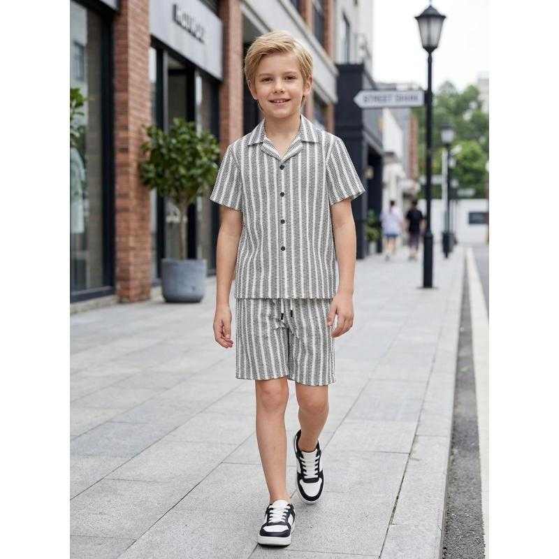 Lot de 6 – Ensemble 2 pièces chemise boutonnée texturée ajourée et short assorti à rayures verticales