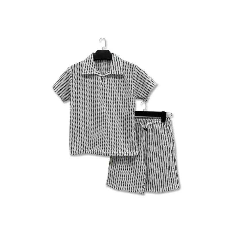 Set van 6 – 2-Delig zomerse set van geweven structuur polo en bijpassende short met geometrisch motief
