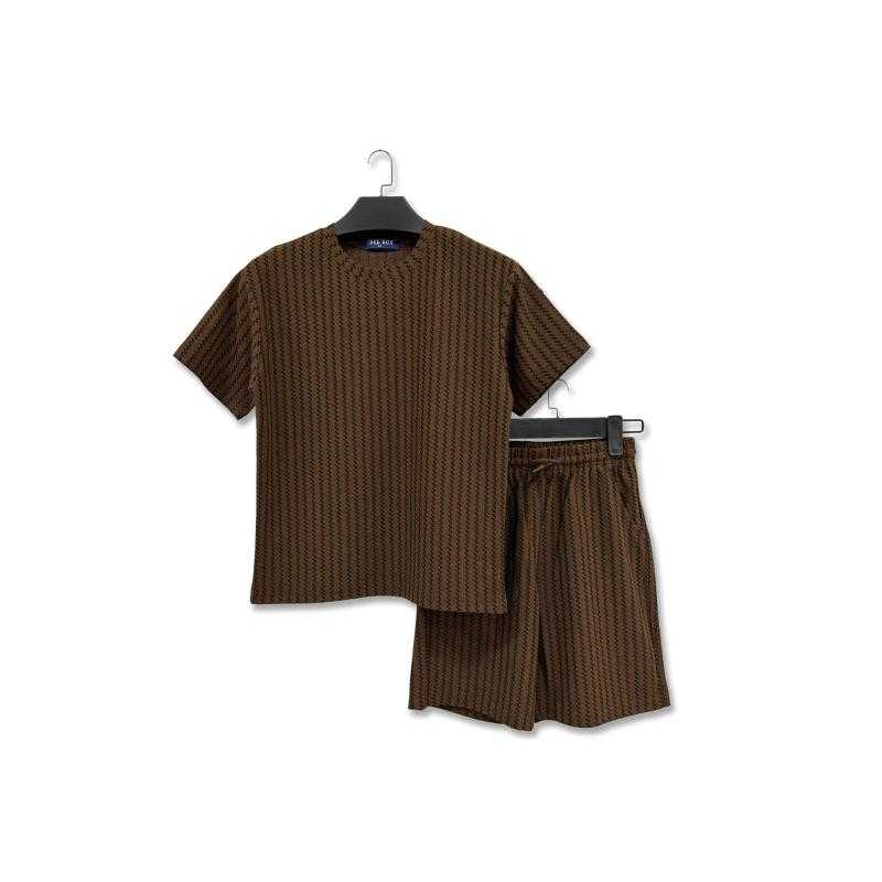 Pack of 6 – 2-Piece Open-Knit Textured Crewneck T-Shirt and Matching Shorts Set with Geometric Pattern