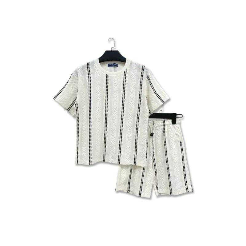 Pack of 6 – 2-Piece Jacquard Textured Knit Crewneck T-Shirt and Matching Shorts Set with Vertical Stripes