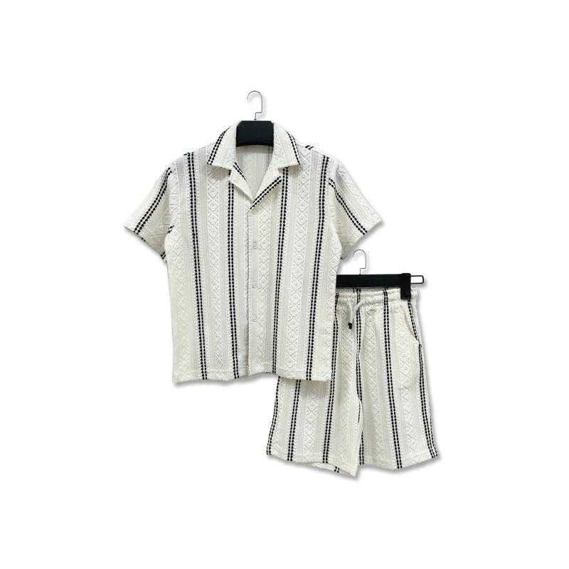 Set van 6 – 2-Delig zomerse set van jacquard geweven structuur overhemd en bijpassende short met verticale strepen